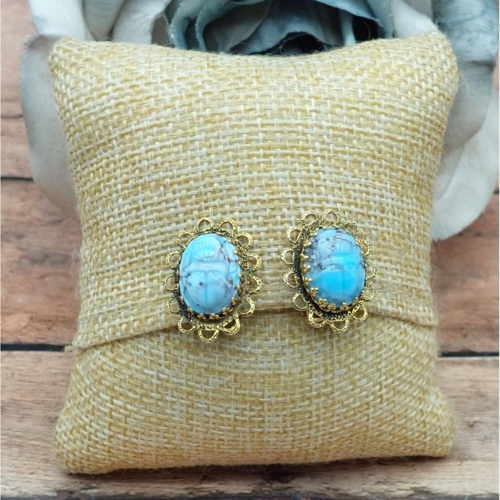 Vintage Signed Freirich Gold Tone Clip Earrings Molded Carved Faux Blue Stone